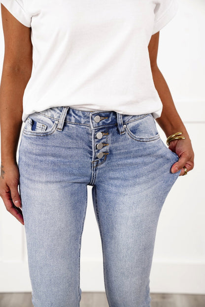 Restock! Mica Mid Rise Light Wash Button Fly Cropped Skinny Jeans
