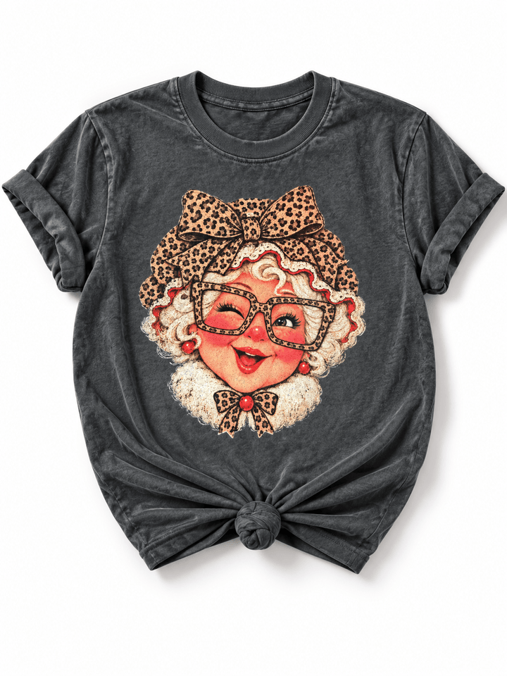 Plus/Reg Short Sleeve Leopard Mrs. Claus Christmas Graphic Tee - Freckled Poppy