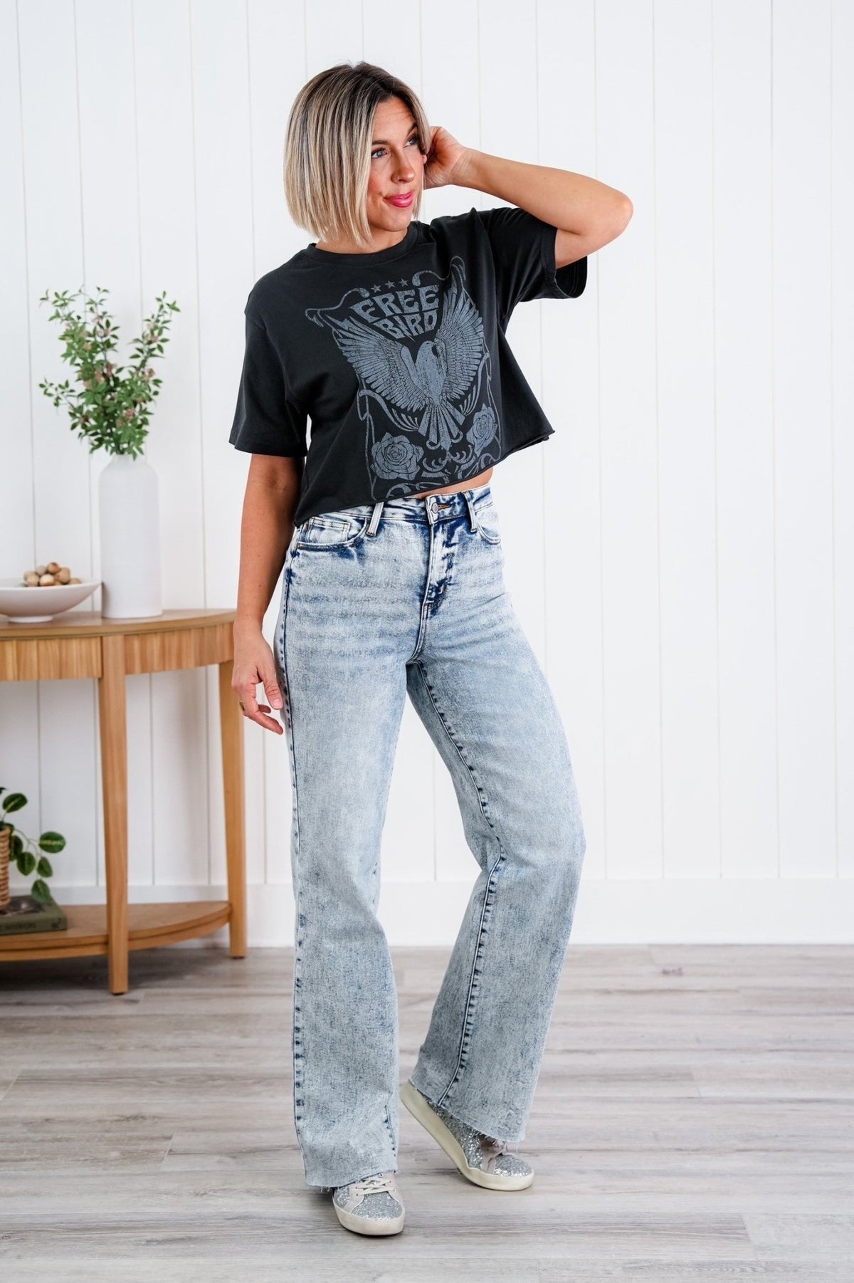 Judy Blue Bad Blood High Rise Light Mineral Wash Raw Hem Wide Leg Jeans - Freckled Poppy