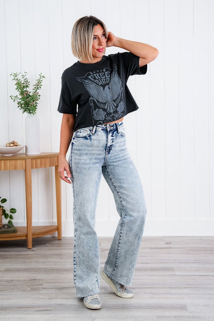 Judy Blue Bad Blood High Rise Light Mineral Wash Raw Hem Wide Leg Jeans - Freckled Poppy
