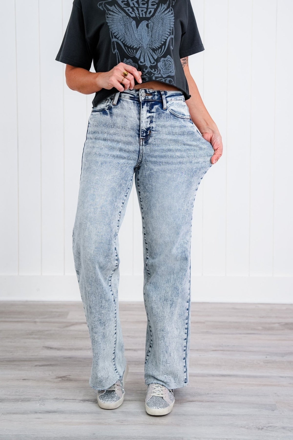 Judy Blue Bad Blood High Rise Light Mineral Wash Raw Hem Wide Leg Jeans - Freckled Poppy