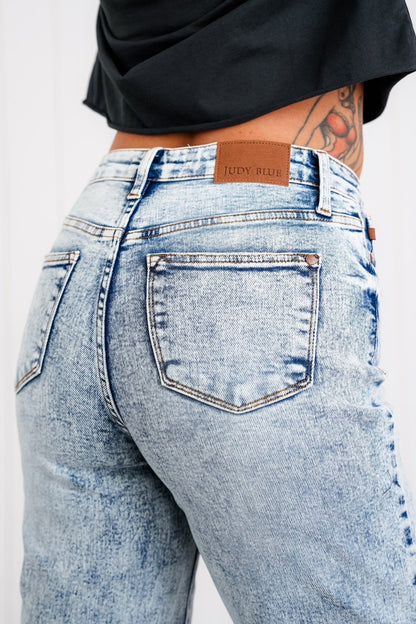 Judy Blue Bad Blood High Rise Light Mineral Wash Raw Hem Wide Leg Jeans - Freckled Poppy